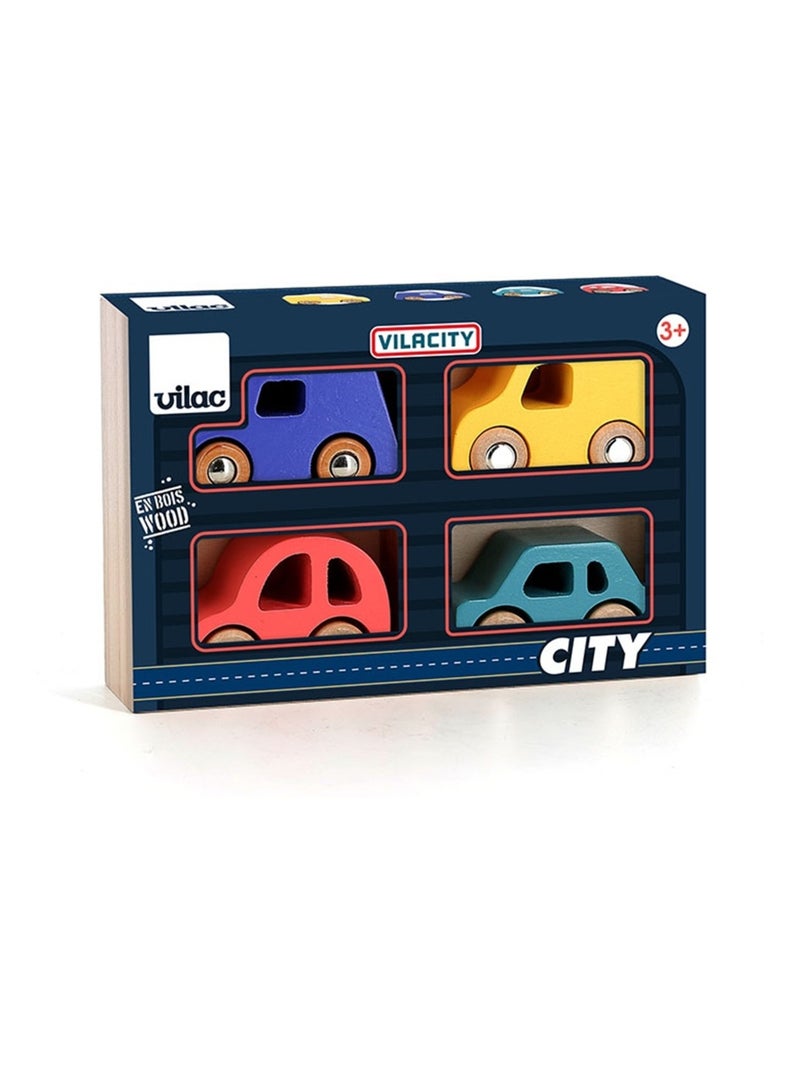 Coffret de 4 voitures en bois City Bleu - Kiabi