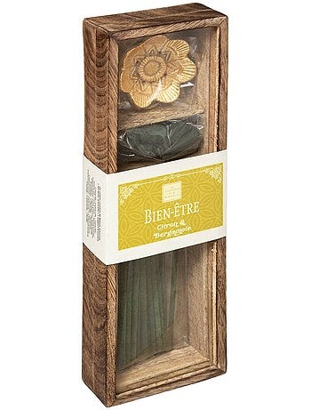 Coffret d'encens bâtonnets et cônes en bois de manguier doli