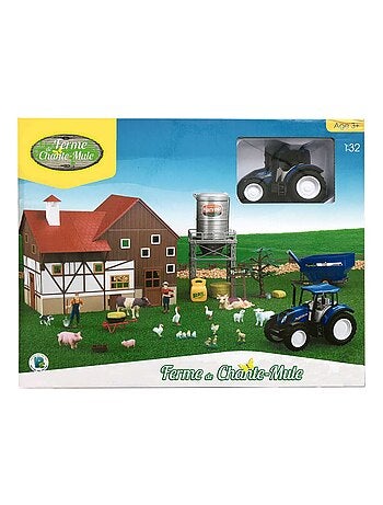 Coffret ferme 1:32 avec tracteur miniature, bâtiment, silo à grain, animaux NEW HOLLAND