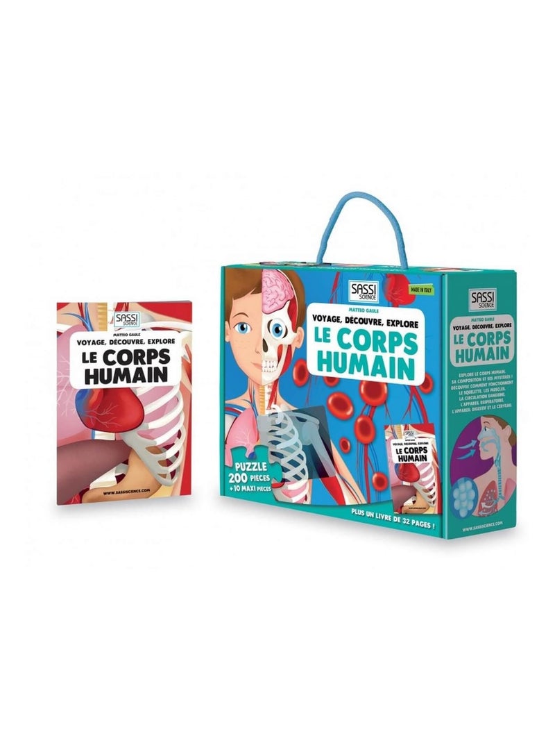 Coffret livre et puzzle géant 210 pièces : Voyage, découvre, explore : Le corps humain Bleu - Kiabi