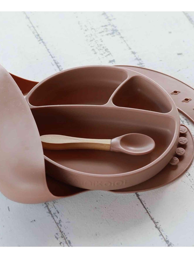 Coffret repas comme un grand, Assiette Cuillère Bavoir Minikoioi Marron caramel - Kiabi
