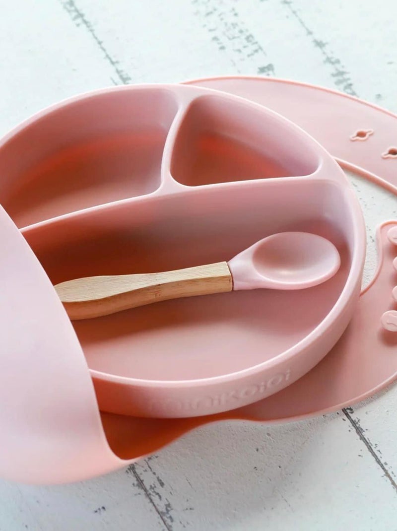 Coffret repas comme un grand, Assiette Cuillère Bavoir Minikoioi Rose clair - Kiabi