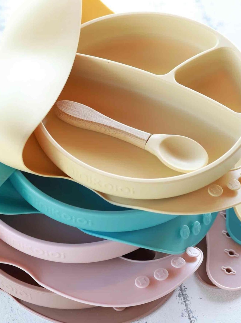 Coffret repas comme un grand, Assiette Cuillère Bavoir Minikoioi Rose clair - Kiabi