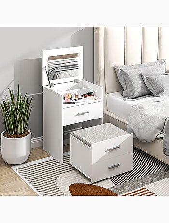 Coiffeuse avec miroir relevable et tabouret mobile