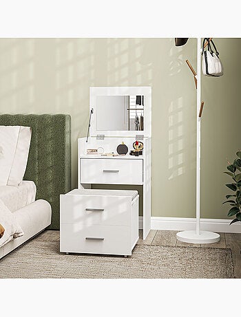 Coiffeuse avec miroir relevable et tabouret mobile