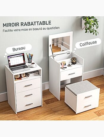 Coiffeuse avec miroir relevable et tabouret mobile
