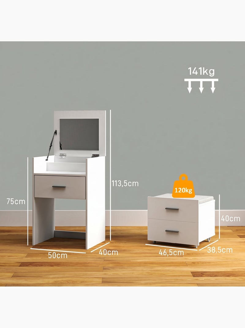Coiffeuse avec miroir relevable et tabouret mobile Blanc Blanc - Kiabi