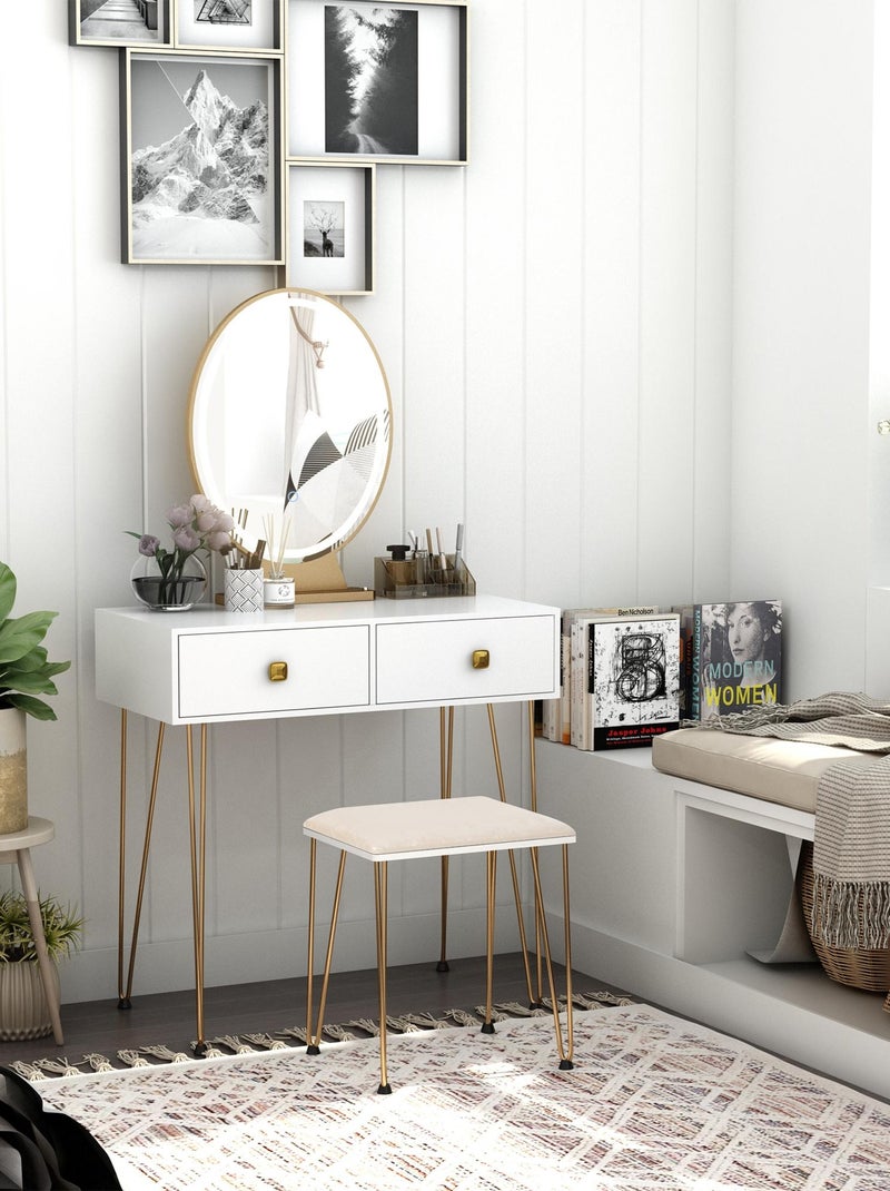 Coiffeuse design - miroir LED intégré - 2 tiroirs + 1 organisateur - tabouret inclus Blanc Blanc - Kiabi