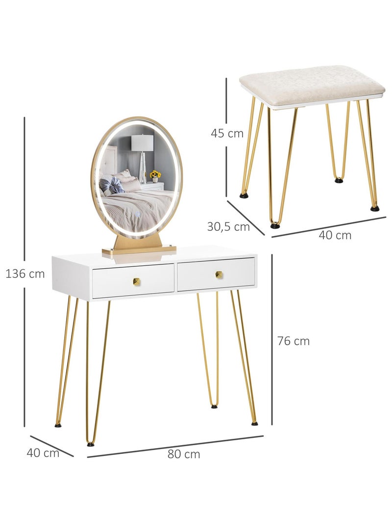Coiffeuse design - miroir LED intégré - 2 tiroirs + 1 organisateur - tabouret inclus Blanc Blanc - Kiabi