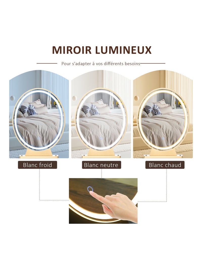 Coiffeuse design - miroir LED intégré - 2 tiroirs + 1 organisateur - tabouret inclus Blanc Blanc - Kiabi