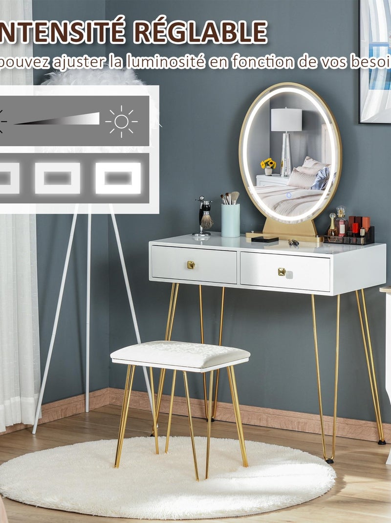 Coiffeuse design - miroir LED intégré - 2 tiroirs + 1 organisateur - tabouret inclus Blanc Blanc - Kiabi