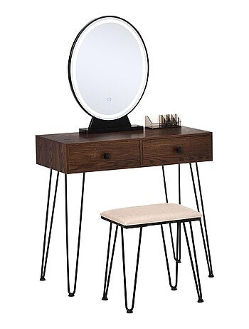Coiffeuse design - miroir LED intégré - 2 tiroirs + 1 organisateur - tabouret inclus