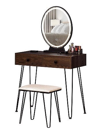 Coiffeuse design - miroir LED intégré - 2 tiroirs + 1 organisateur - tabouret inclus