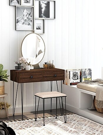 Coiffeuse design - miroir LED intégré - 2 tiroirs + 1 organisateur - tabouret inclus