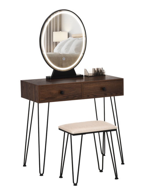 Coiffeuse design - miroir LED intégré - 2 tiroirs + 1 organisateur - tabouret inclus - Kiabi