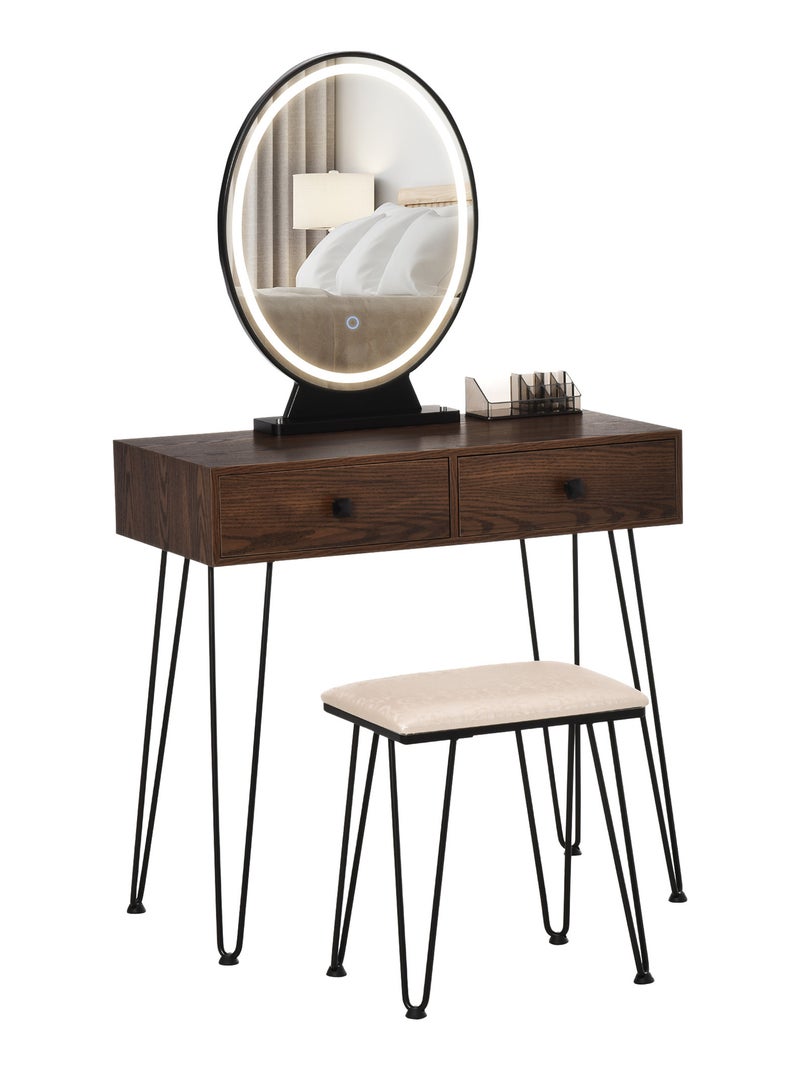 Coiffeuse design - miroir LED intégré - 2 tiroirs + 1 organisateur - tabouret inclus Marron - Kiabi