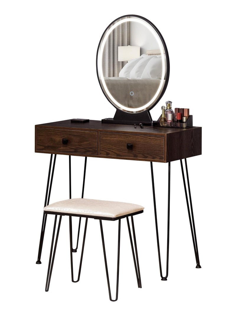 Coiffeuse design - miroir LED intégré - 2 tiroirs + 1 organisateur - tabouret inclus Marron - Kiabi