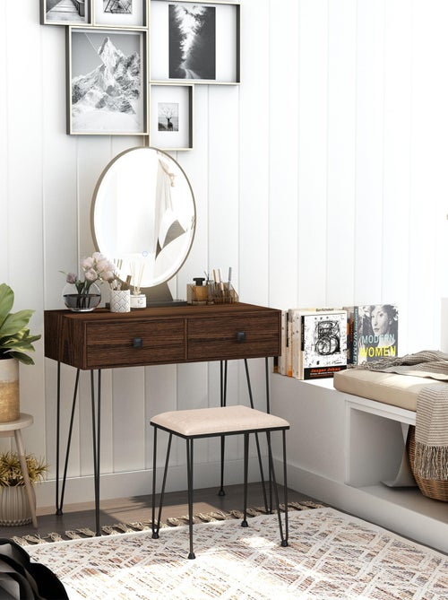 Coiffeuse design - miroir LED intégré - 2 tiroirs + 1 organisateur - tabouret inclus - Kiabi