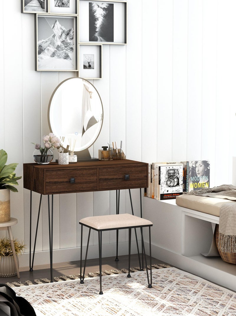 Coiffeuse design - miroir LED intégré - 2 tiroirs + 1 organisateur - tabouret inclus Marron - Kiabi