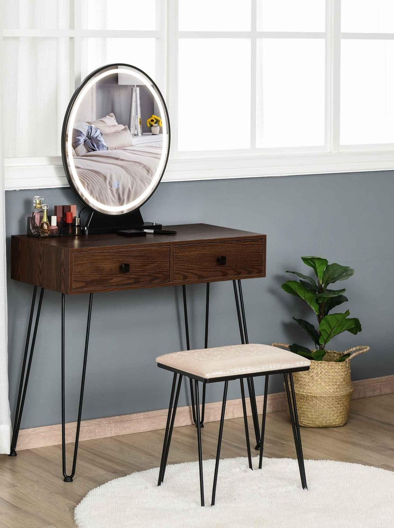 Coiffeuse design - miroir LED intégré - 2 tiroirs + 1 organisateur - tabouret inclus Marron - Kiabi