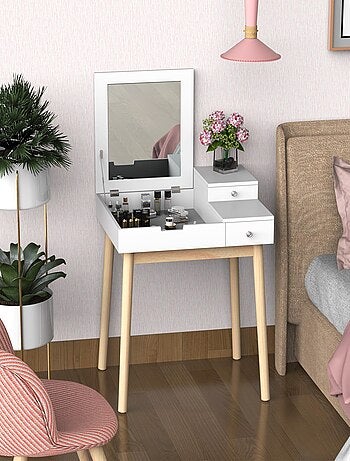 Coiffeuse design scandinave 60L x 50l x 86H cm pin et MDF blanc