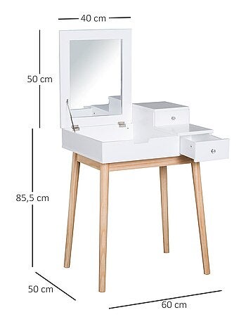 Coiffeuse design scandinave 60L x 50l x 86H cm pin et MDF blanc