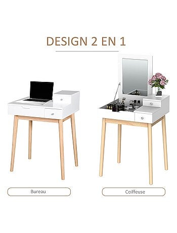 Coiffeuse design scandinave 60L x 50l x 86H cm pin et MDF blanc