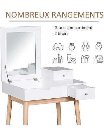 Coiffeuse design scandinave 60L x 50l x 86H cm pin et MDF blanc