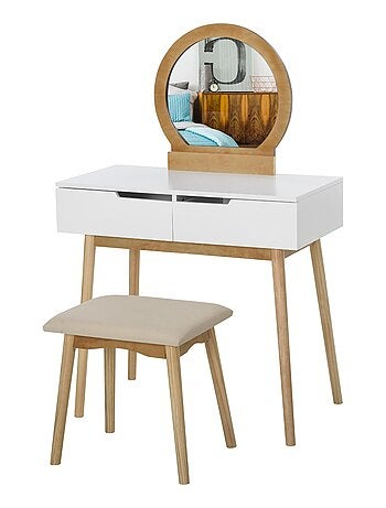 Coiffeuse design scandinave miroir, 2 tiroirs et tabouret blanc pin clair
