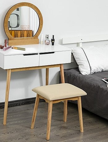 Coiffeuse design scandinave miroir, 2 tiroirs et tabouret blanc pin clair
