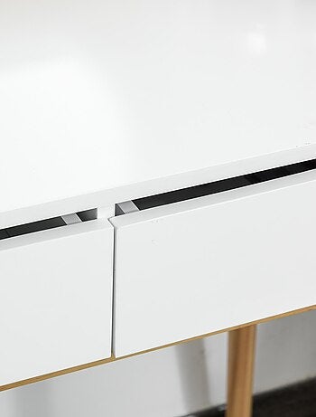 Coiffeuse design scandinave miroir, 2 tiroirs et tabouret blanc pin clair