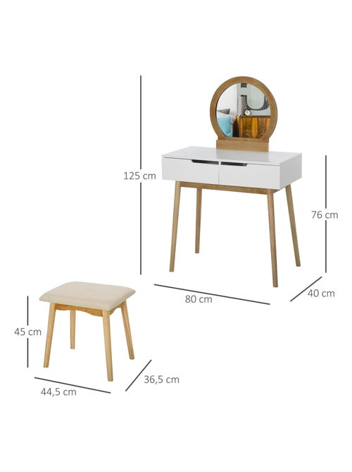 Coiffeuse design scandinave miroir, 2 tiroirs et tabouret blanc pin clair - Kiabi Coiffeuse design scandinave miroir, 2 tiroirs et tabouret blanc pin clair - Kiabi