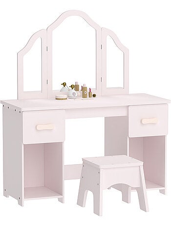 Coiffeuse enfant avec tabouret miroir triptyque 2 tiroirs niches rose pâle