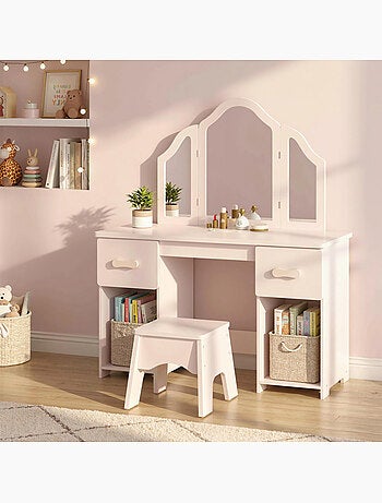 Coiffeuse enfant avec tabouret miroir triptyque 2 tiroirs niches rose pâle