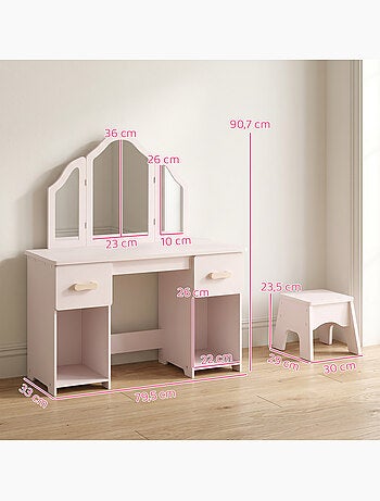 Coiffeuse enfant avec tabouret miroir triptyque 2 tiroirs niches rose pâle