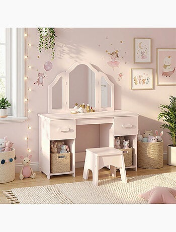 Coiffeuse enfant avec tabouret miroir triptyque 2 tiroirs niches rose pâle