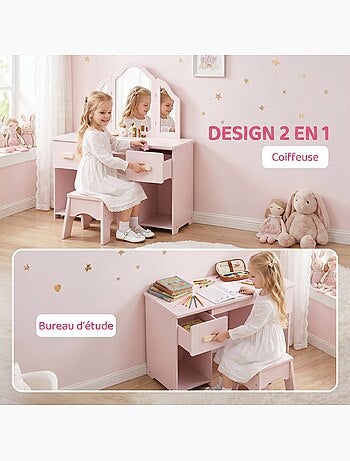 Coiffeuse enfant avec tabouret miroir triptyque 2 tiroirs niches rose pâle
