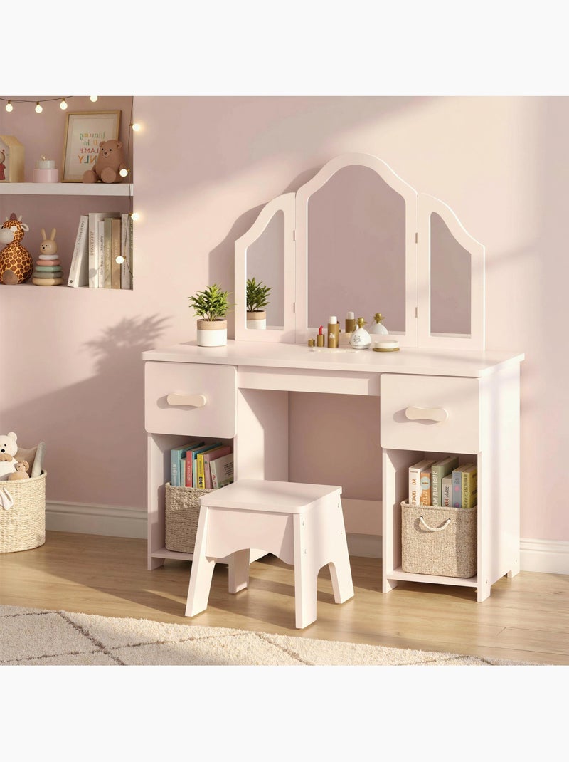 Coiffeuse enfant avec tabouret miroir triptyque 2 tiroirs niches rose pâle Rose - Kiabi