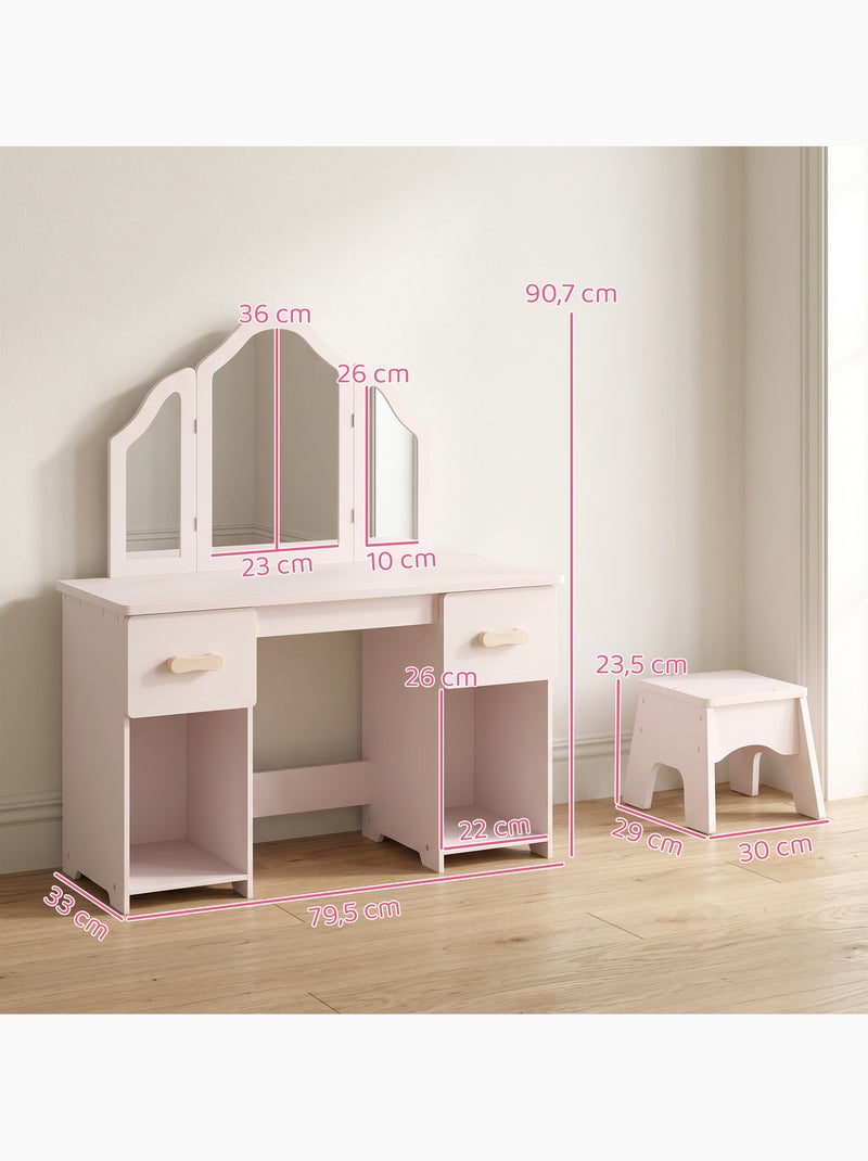 Coiffeuse enfant avec tabouret miroir triptyque 2 tiroirs niches rose pâle Rose - Kiabi