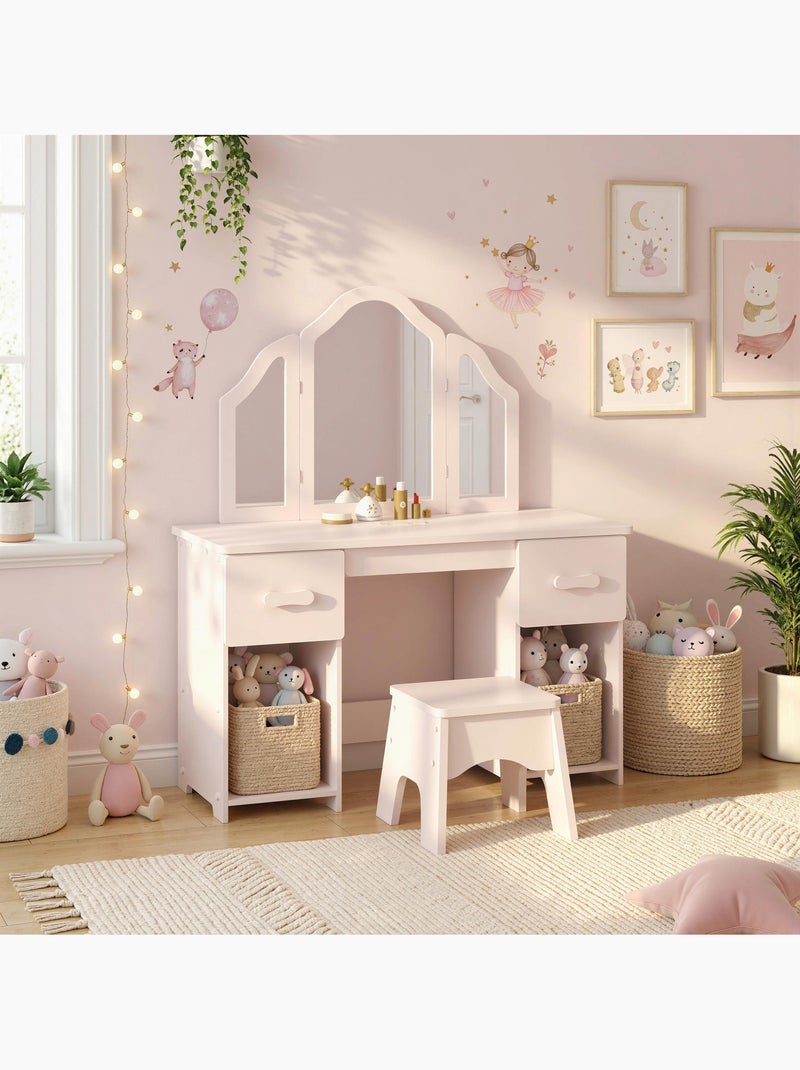 Coiffeuse enfant avec tabouret miroir triptyque 2 tiroirs niches rose pâle Rose - Kiabi