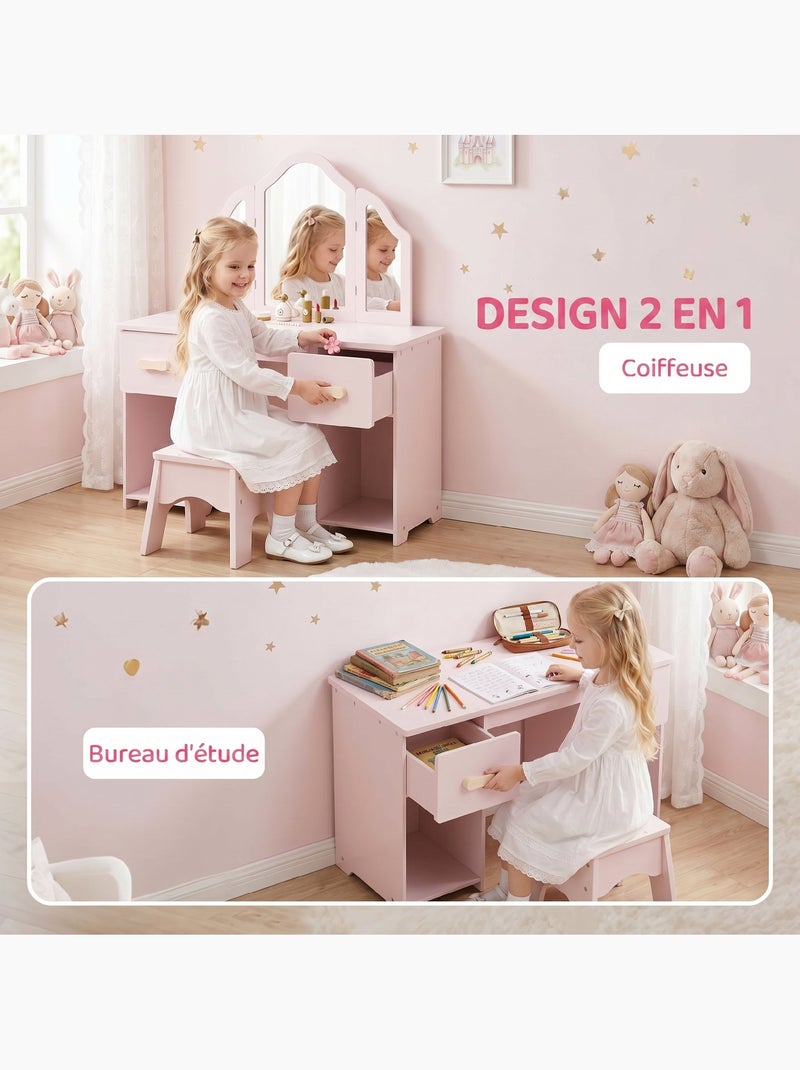 Coiffeuse enfant avec tabouret miroir triptyque 2 tiroirs niches rose pâle Rose - Kiabi