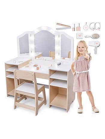 Coiffeuse Enfant Bois avec Chaise Grand Miroir LED & Accessoires, Bureau Enfant