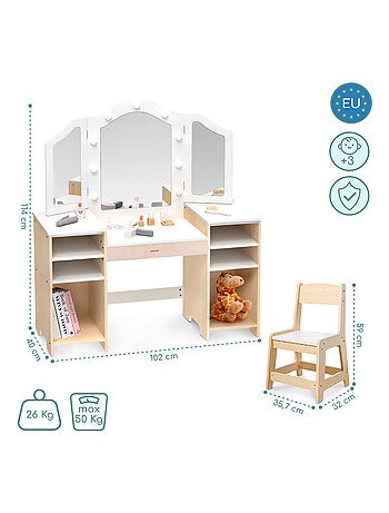 Coiffeuse Enfant Bois avec Chaise Grand Miroir LED & Accessoires, Bureau Enfant
