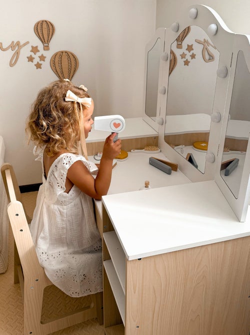 Coiffeuse Enfant Bois avec Chaise Grand Miroir LED & Accessoires, Bureau Enfant - Kiabi