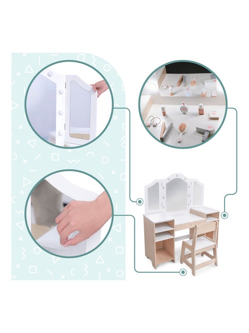 Coiffeuse Enfant Bois avec Chaise Grand Miroir LED & Accessoires, Bureau Enfant - Kiabi