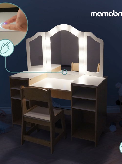 Coiffeuse Enfant Bois avec Chaise Grand Miroir LED & Accessoires, Bureau Enfant - Kiabi