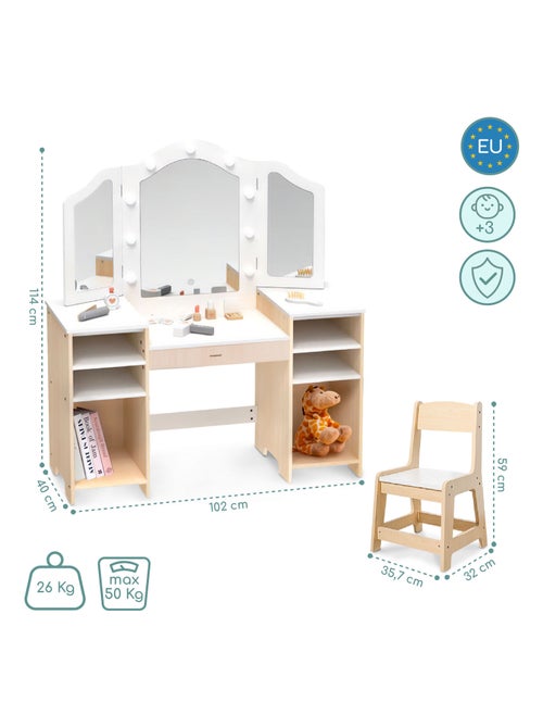 Coiffeuse Enfant Bois avec Chaise Grand Miroir LED & Accessoires, Bureau Enfant - Kiabi