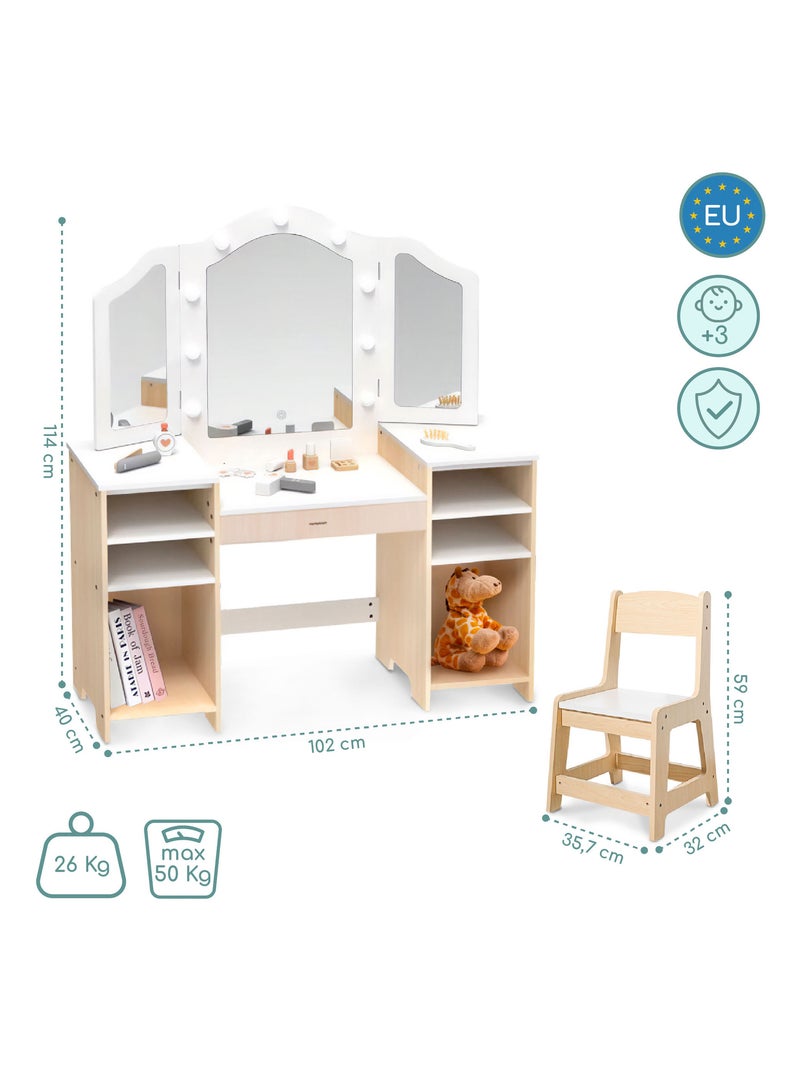 Coiffeuse Enfant Bois avec Chaise Grand Miroir LED & Accessoires, Bureau Enfant N/A - Kiabi