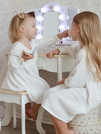 Coiffeuse Enfant Bois avec Tabouret & Miroir LED – Bureau Enfant +3