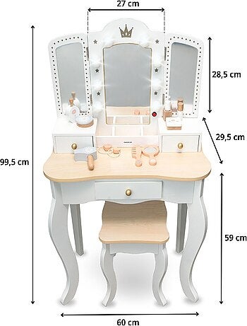 Coiffeuse Enfant Bois avec Tabouret & Miroir LED – Bureau Enfant +3